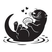 Adorable black silhouette of a happy otter floating and holding a seashell vector