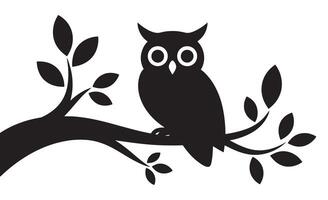 Stylized black silhouette of an owl perched on a branch with leaves vector