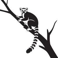 Stylized ring tailed lemur clinging to a tree branch in black and white vector