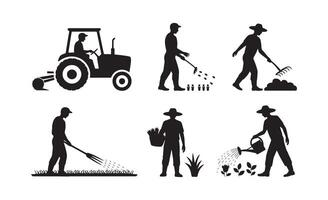 Farmers performing various agricultural tasks with a tractor and tools vector