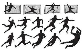 Silhouette collection of handball players in action with goals vector