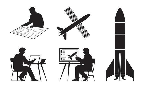 Engineers designing and building rockets and satellites with computers and blueprints vector
