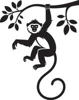 Stylized black silhouette of a monkey hanging from a branch vector