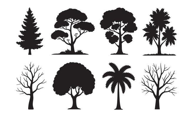 Collection of diverse black tree silhouettes