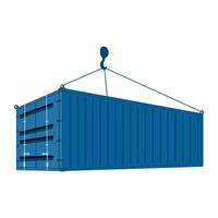 blue cargo shipping container with crane hook vector