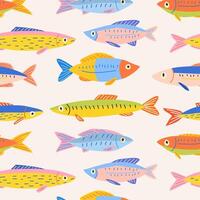 Pattern of different of colorful sardines and fishes. Fish products in a bright doodle style. Perfect for packaging, prints, textiles, menu, backgrounds, cards vector