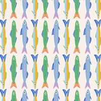Pattern of different of colorful sardines. Fish products in a bright doodle style. Perfect for packaging, prints, textiles, menu, backgrounds, cards, and summer illustrations. vector