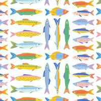 Pattern of different of colorful sardines and fishes. Fish products in a bright doodle style. Perfect for packaging, prints, textiles, menu, backgrounds, cards, and summer illustrations. vector