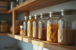 A shelf with jars of spices and other items photo