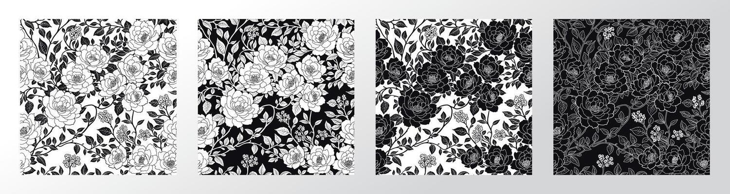 Elegant set of seamless floral patterns in black and white variations. Ideal for textile design, packaging, wallpapers, wrapping paper, fabric prints, gift wrap, surface patterns, digital paper.