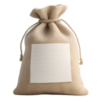 Burlap sack with blank label isolated on transparent background png