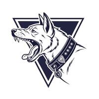 Aggressive dog head with open mouth fangs collar triangle graphic animal canine vector