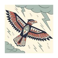 Stylized Eagle Flying Amidst Stormy Weather with Lightning Rain bird animal vector