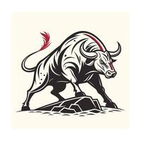 Bull with red accents standing on a rock formation against a cream animal graphic vector