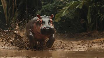 Aggressive Hippo Charging Out of Muddy Water with Splashes. photo