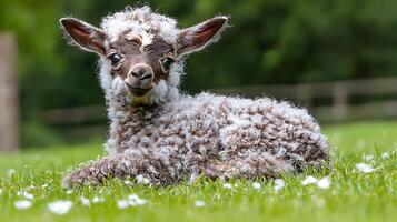 Adorable Fluffy Baby Alpaca Resting in Green Grassy Field with Daisies. photo