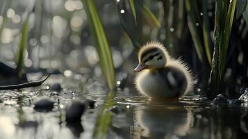 Tiny Duckling Navigates Shallow Water Amidst Soft Bokeh Lights. photo