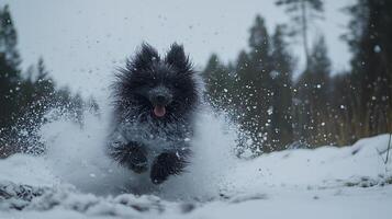 Black dog joyfully running through winter snow creating a snowy spray. photo
