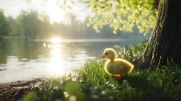 Adorable Baby Duckling Enjoys Golden Sunlight Near Calm Lake. photo