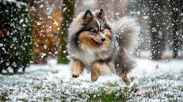 Joyful dog leaping through falling snow in winter wonderland. photo