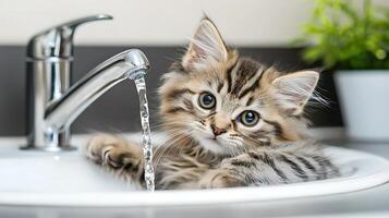 Adorable Fluffy Kitten Playing with Running Water in a Sink. photo