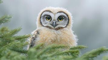 Adorable young owl perches on a pine tree branch in soft light. photo