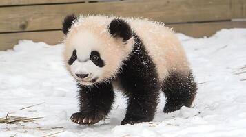 Adorable Baby Panda Walks Through Snow in Winter Wonderland. photo