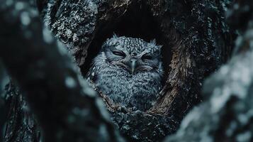 Fierce Little Owl Peeking from its Cozy Tree Hollow Home. photo