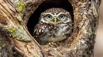 Adorable Little Owl Peeking Out From Its Tree Hollow Home. photo