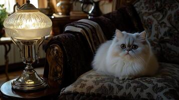 Cozy Evening with a Fluffy Cat and Warm Lamp Light. photo