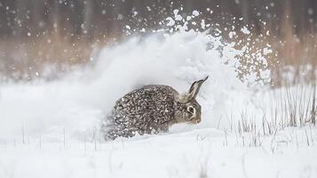 Rabbit dashes through white snow creating a dramatic powder explosion. photo