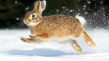 A hare leaps through the snow in a burst of winter motion. photo