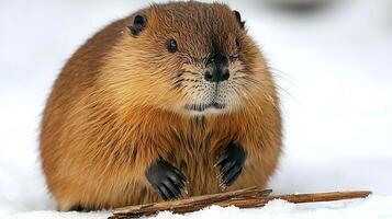 Close up of a cute beaver with wet fur in the snow. photo