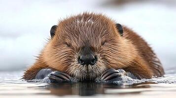 Close up of a wet beaver with its eyes closed in shallow water. photo