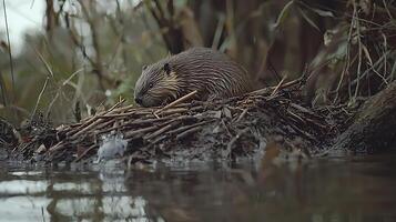 Beaver resting on its lodge constructed with branches near the water. photo