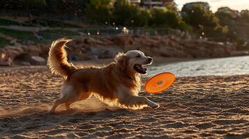 Golden Retriever Chasing Orange Frisbee on a Sunny Beach at Dusk. photo