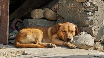 A Relaxed Dog Napping in the Warm Sunlight by a Stone Wall. photo