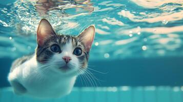 Adorable Cat Exploring Underwater World with Big Blue Eyes. photo