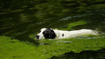 A Wet Dog Swims Through Green Water With Algae Blooms. photo