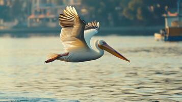 Majestic Pelican Soars Over Rippling Water at Golden Hour. photo