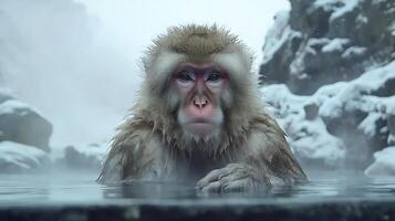 Japanese Snow Monkey Enjoys A Steamy Hot Spring Bath in Winter Wonderland. photo