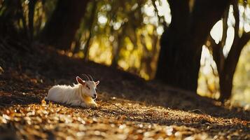 Peaceful White Goat Rests Amongst Autumn Leaves in Warm Sunlight. photo