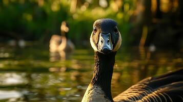 Close up of a goose in warm golden hour sunlight. photo