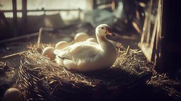 A White Duck Nests on Eggs in a Rustic Farm Setting. photo