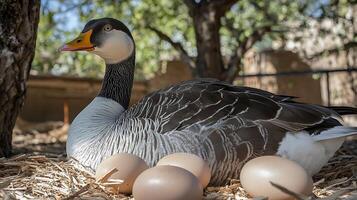 Goose Nesting with Eggs Protecting Future Life in Natural Surroundings. photo