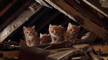 Four Adorable Orange Kittens Peeking Out from Hidden Nook. photo