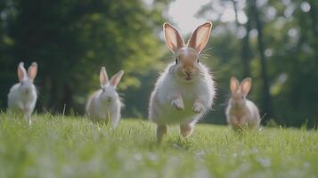 Four Curious Bunnies Hopping Through Lush Green Grass on a Sunny Day. photo