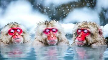 Three Snow Monkeys Relaxing in a Hot Spring During Winter Snowfall. photo