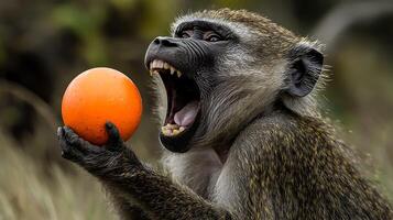Monkey with open mouth holding an orange ball close up shot. photo