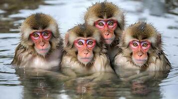 Four Snow Monkeys Relaxing Together in Warm Winter Waters. photo
